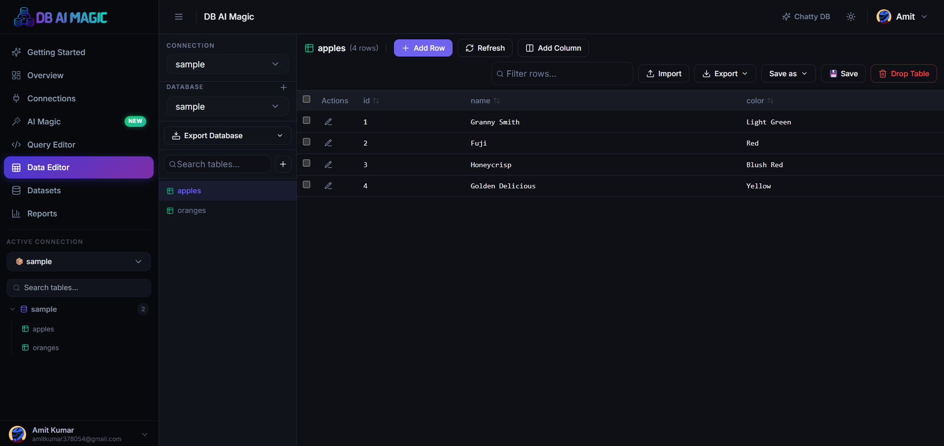 Data Editor — sidebar of tables on the left, grid with editable rows in the centre.